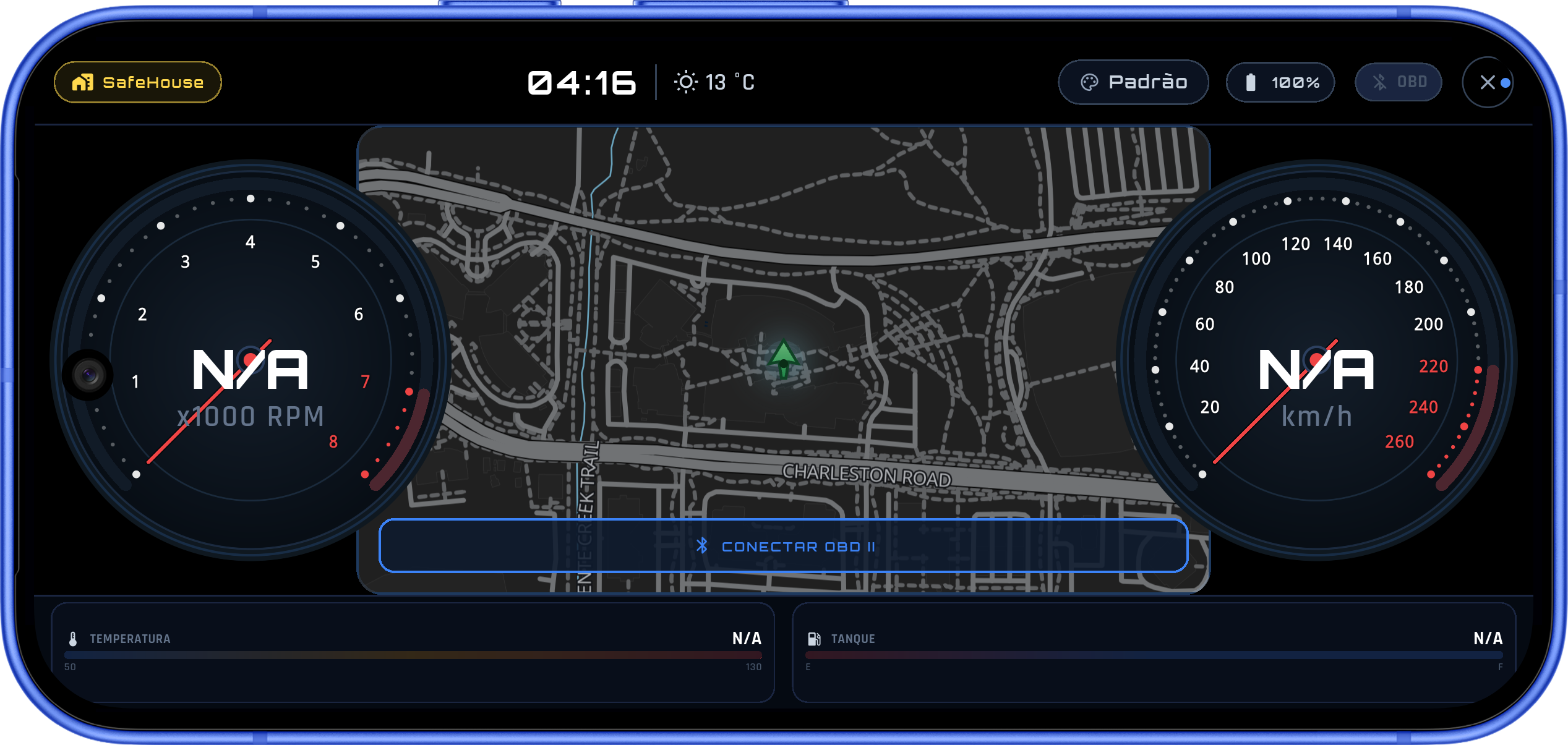 Modo piloto com painel padrão e medidores de RPM e velocidade